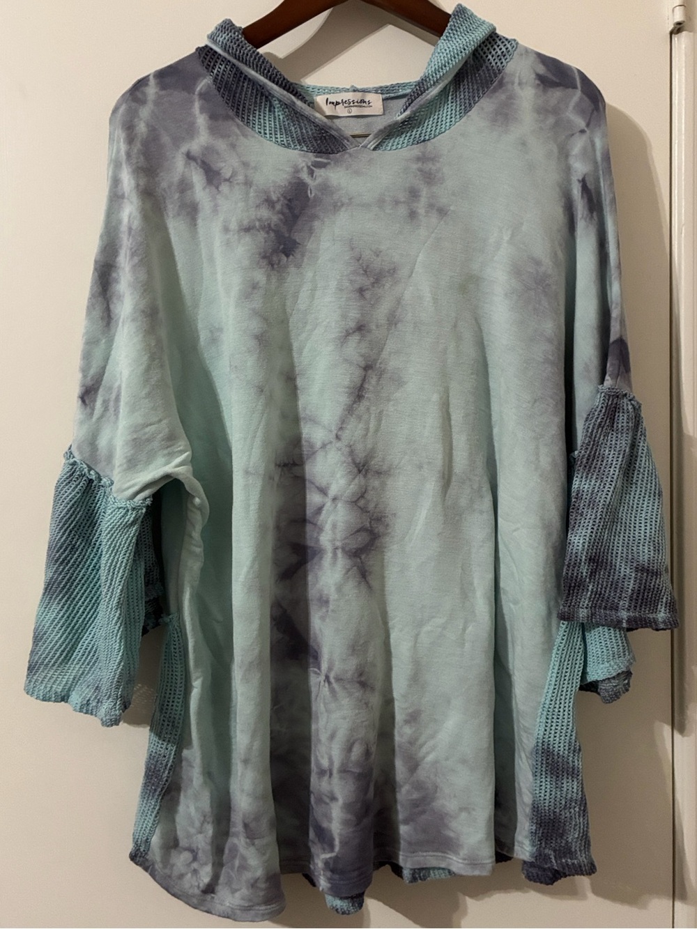 Impressions Tie-Dye Hooded Top Ruffle Bell Sleeves Peplum Hem Blue Purple L